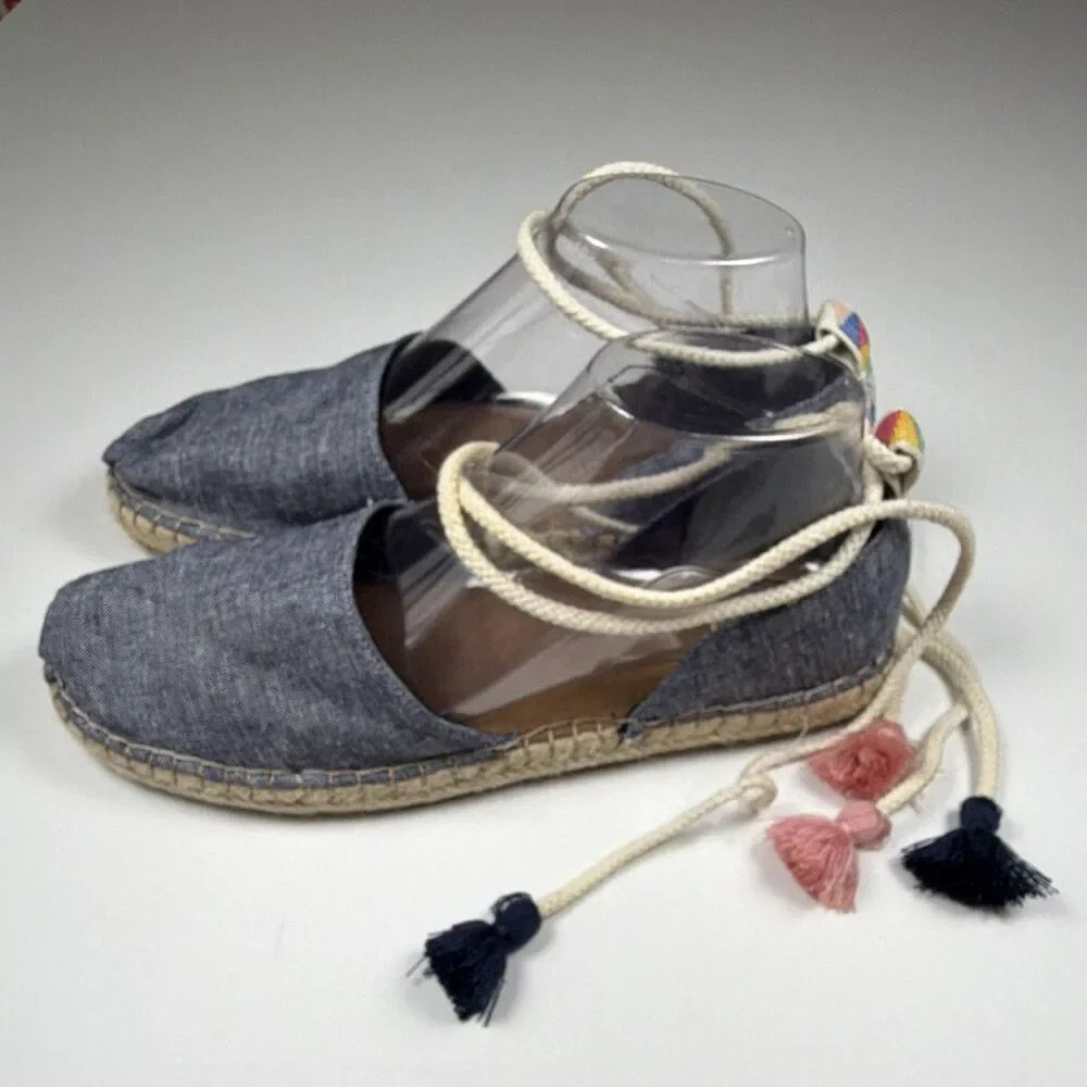 TOMS Women's Blue Denim Tassel Ankle Wrap Tie Espadrille Flats Round US 9.5